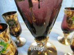 Barbini Murano Amethyst Decanter & Wine Glasses Set, Vintage Raised Floral Gold