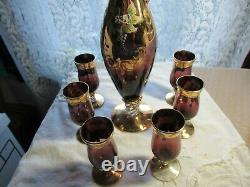 Barbini Murano Amethyst Decanter & Wine Glasses Set, Vintage Raised Floral Gold