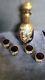 Bavarian Enamel Gold Overlay Wine Set Vintage 4 Glasses Hand Painted Plum Gold