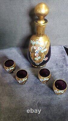 Bavarian Enamel Gold Overlay Wine Set Vintage 4 Glasses Hand Painted Plum Gold