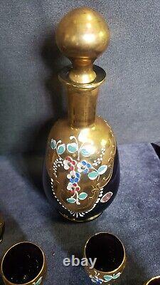 Bavarian Enamel Gold Overlay Wine Set Vintage 4 Glasses Hand Painted Plum Gold