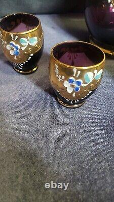 Bavarian Enamel Gold Overlay Wine Set Vintage 4 Glasses Hand Painted Plum Gold