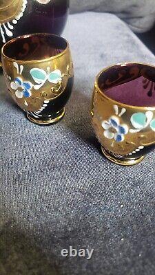 Bavarian Enamel Gold Overlay Wine Set Vintage 4 Glasses Hand Painted Plum Gold