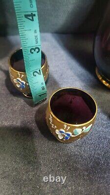 Bavarian Enamel Gold Overlay Wine Set Vintage 4 Glasses Hand Painted Plum Gold