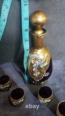 Bavarian Enamel Gold Overlay Wine Set Vintage 4 Glasses Hand Painted Plum Gold