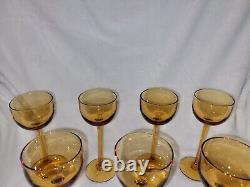 Beautiful Vintage Carlo Moretti Amber Hand Blown Long Stemmed Wine Glasses Set 8