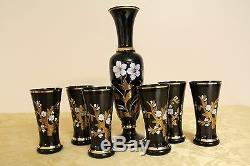 Beautiful Vintage Egermann Bohemian Glass Black Wine Decanter and 6 Glasses Set