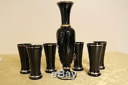 Beautiful Vintage Egermann Bohemian Glass Black Wine Decanter and 6 Glasses Set