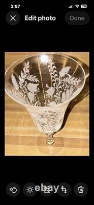 Beautiful Vintage Etched Glass Wine Stemmed Goblet GORGEOUS STEM VGC set 8