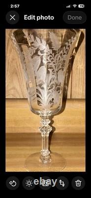 Beautiful Vintage Etched Glass Wine Stemmed Goblet GORGEOUS STEM VGC set 8