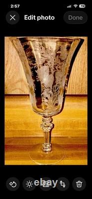 Beautiful Vintage Etched Glass Wine Stemmed Goblet GORGEOUS STEM VGC set 8