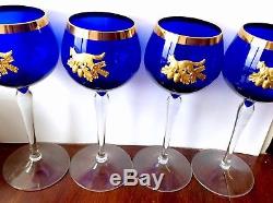 Beautiful Vintage Set Fox Hunting Cobalt Blue Wine Glasses Applied Gold