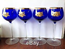 Beautiful Vintage Set Fox Hunting Cobalt Blue Wine Glasses Applied Gold