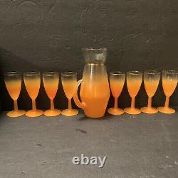 Blendo Frosted Orange With Gold Rim Pitcher & 8 Wine Glasses Vintage MCM
