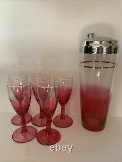 Blendo MCM Rose Pink Glass Liquor Cocktail Shaker & 5 Wine Glasses