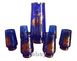 Bohemia Set Wine Glasses Pitcher Cobalt Vtg Drinking Cocktail Blue Glass Gilding