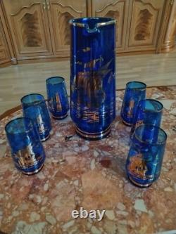 Bohemia Set Wine Glasses Pitcher Cobalt Vtg Drinking Cocktail Blue Glass Gilding
