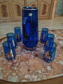 Bohemia Set Wine Glasses Pitcher Cobalt Vtg Drinking Cocktail Blue Glass Gilding