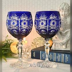 Bohemian Cobalt Blue Cut to Clear Wine Glasses Vintage Blue Wine Goblets 2