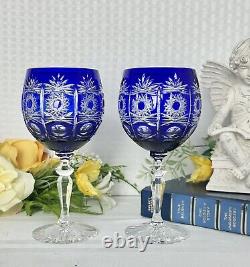 Bohemian Cobalt Blue Cut to Clear Wine Glasses Vintage Blue Wine Goblets 2