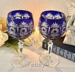 Bohemian Cobalt Blue Cut to Clear Wine Glasses Vintage Blue Wine Goblets 2