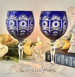 Bohemian Cobalt Blue Cut to Clear Wine Glasses Vintage Blue Wine Goblets 2