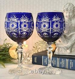 Bohemian Cobalt Blue Cut to Clear Wine Glasses Vintage Blue Wine Goblets 2