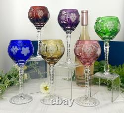 Bohemian Colored Wine Glasses Cut to Clear Vintage Wine Goblets Multicolored 6