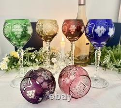 Bohemian Colored Wine Glasses Cut to Clear Vintage Wine Goblets Multicolored 6