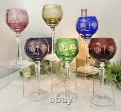 Bohemian Colored Wine Glasses Cut to Clear Vintage Wine Goblets Multicolored 6
