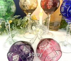 Bohemian Colored Wine Glasses Cut to Clear Vintage Wine Goblets Multicolored 6