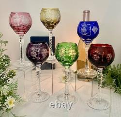 Bohemian Colored Wine Glasses Cut to Clear Vintage Wine Goblets Multicolored 6 Bohemian Colored Wine Glasses Cut to Clear Vintage Wine Goblets Multicolored 6