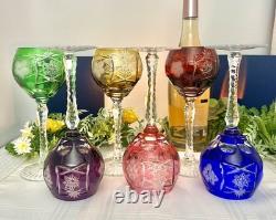 Bohemian Colored Wine Glasses Cut to Clear Vintage Wine Goblets Multicolored 6
