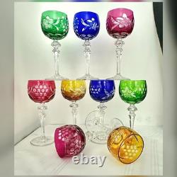 Bohemian Colored Wine Glasses Vintage Cut to Clear Mixed Colored Glasses 9 pc