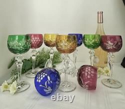 Bohemian Colored Wine Glasses Vintage Cut to Clear Mixed Colored Glasses 9 pc