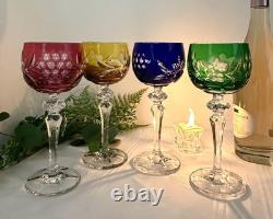 Bohemian Colored Wine Glasses Vintage Cut to Clear Mixed Colored Glasses 9 pc