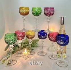 Bohemian Colored Wine Glasses Vintage Cut to Clear Mixed Colored Glasses 9 pc