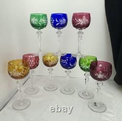 Bohemian Colored Wine Glasses Vintage Cut to Clear Mixed Colored Glasses 9 pc