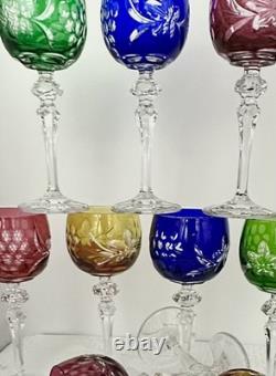 Bohemian Colored Wine Glasses Vintage Cut to Clear Mixed Colored Glasses 9 pc