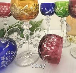 Bohemian Colored Wine Glasses Vintage Cut to Clear Mixed Colored Glasses 9 pc