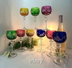 Bohemian Colored Wine Glasses Vintage Cut to Clear Mixed Colored Glasses 9 pc