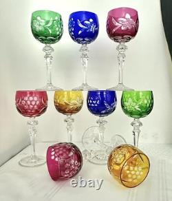 Bohemian Colored Wine Glasses Vintage Cut to Clear Mixed Colored Glasses 9 pc