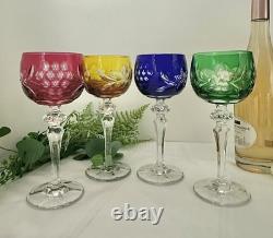 Bohemian Colored Wine Glasses Vintage Cut to Clear Mixed Colored Glasses 9 pc