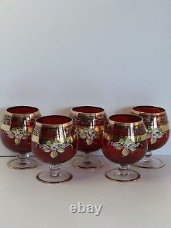 Bohemian Czech? 24K Gold Cranberry Ruby Red Brandy/Wine Glasses (5) MCM Vintage