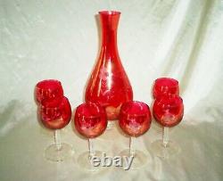 Bohemian Czech Etched Cranberry Decanter Set with 6 Sherry Wine Glasses, Vintage