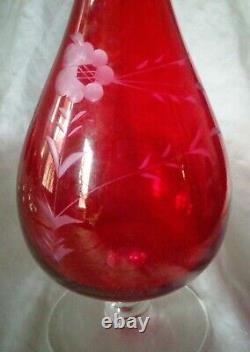 Bohemian Czech Etched Cranberry Decanter Set with 6 Sherry Wine Glasses, Vintage