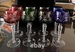 Bohemian/Czech Set of 8 Cut Crystal Wine Hocks Glasses 4 Various Colors Vintage
