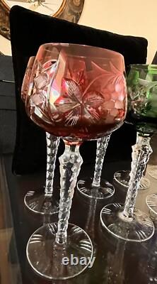 Bohemian/Czech Set of 8 Cut Crystal Wine Hocks Glasses 4 Various Colors Vintage