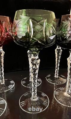Bohemian/Czech Set of 8 Cut Crystal Wine Hocks Glasses 4 Various Colors Vintage