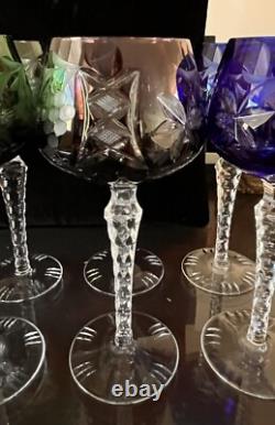 Bohemian/Czech Set of 8 Cut Crystal Wine Hocks Glasses 4 Various Colors Vintage